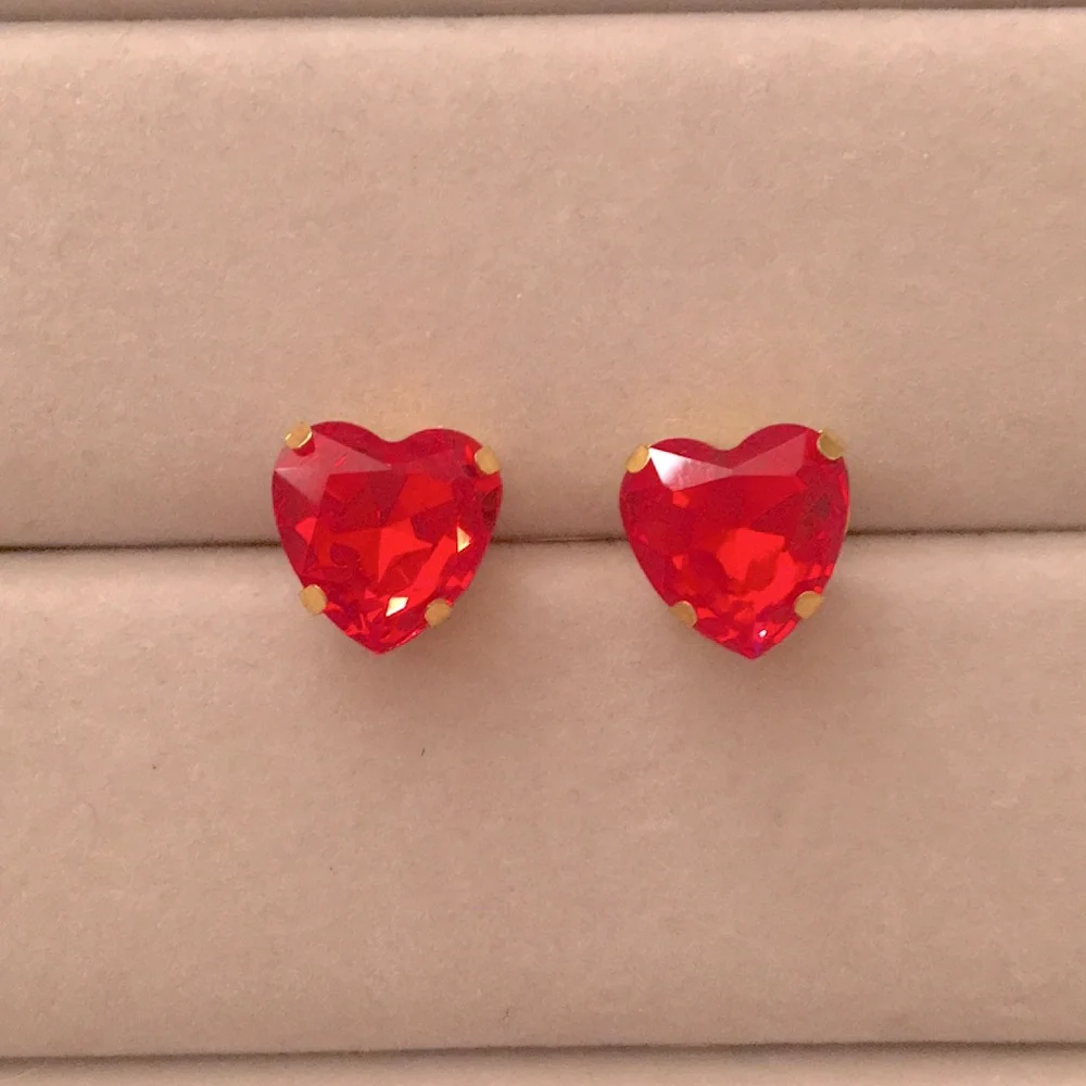 Siam Red + Gold Crystal Heart Earrings